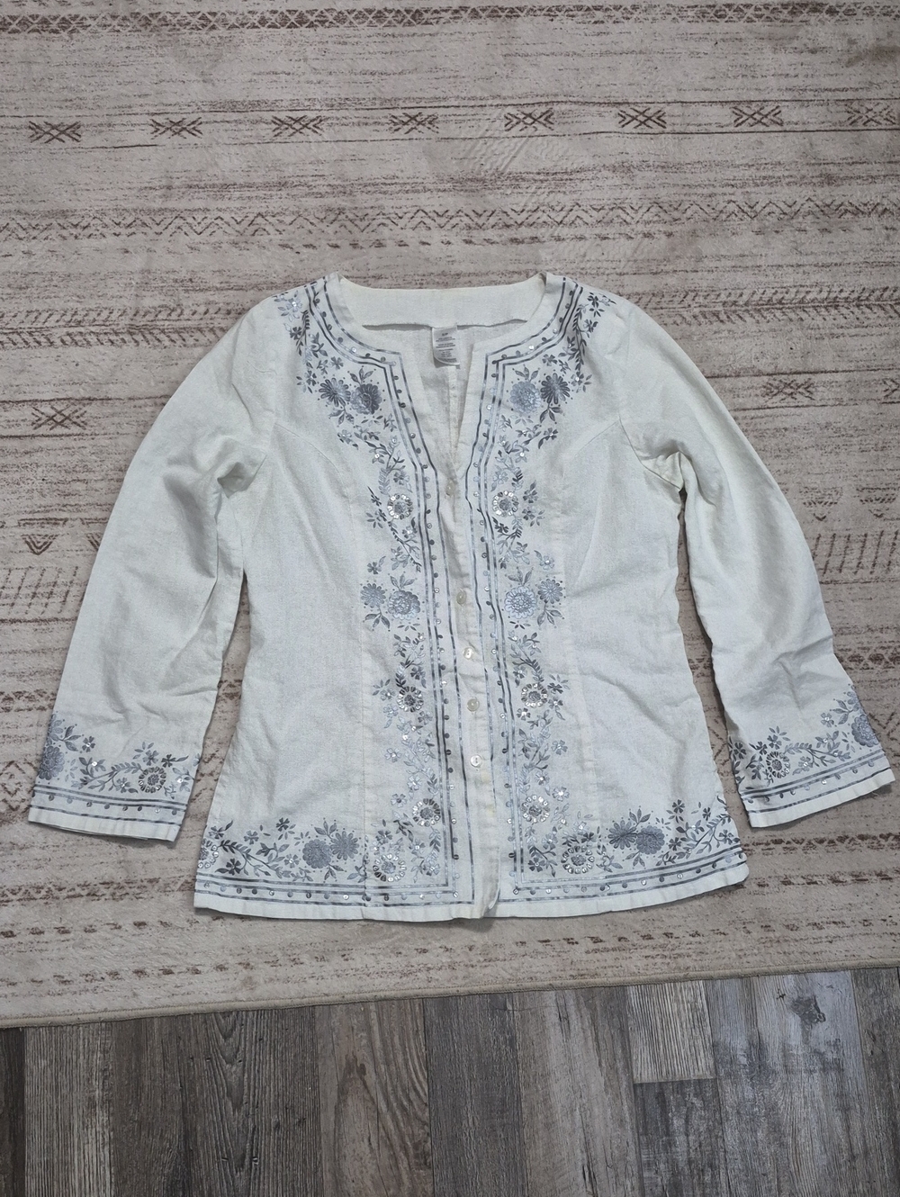 Edward Irish Linen Blend Cream Button-Down Tunic with Floral Beaded Embroidery